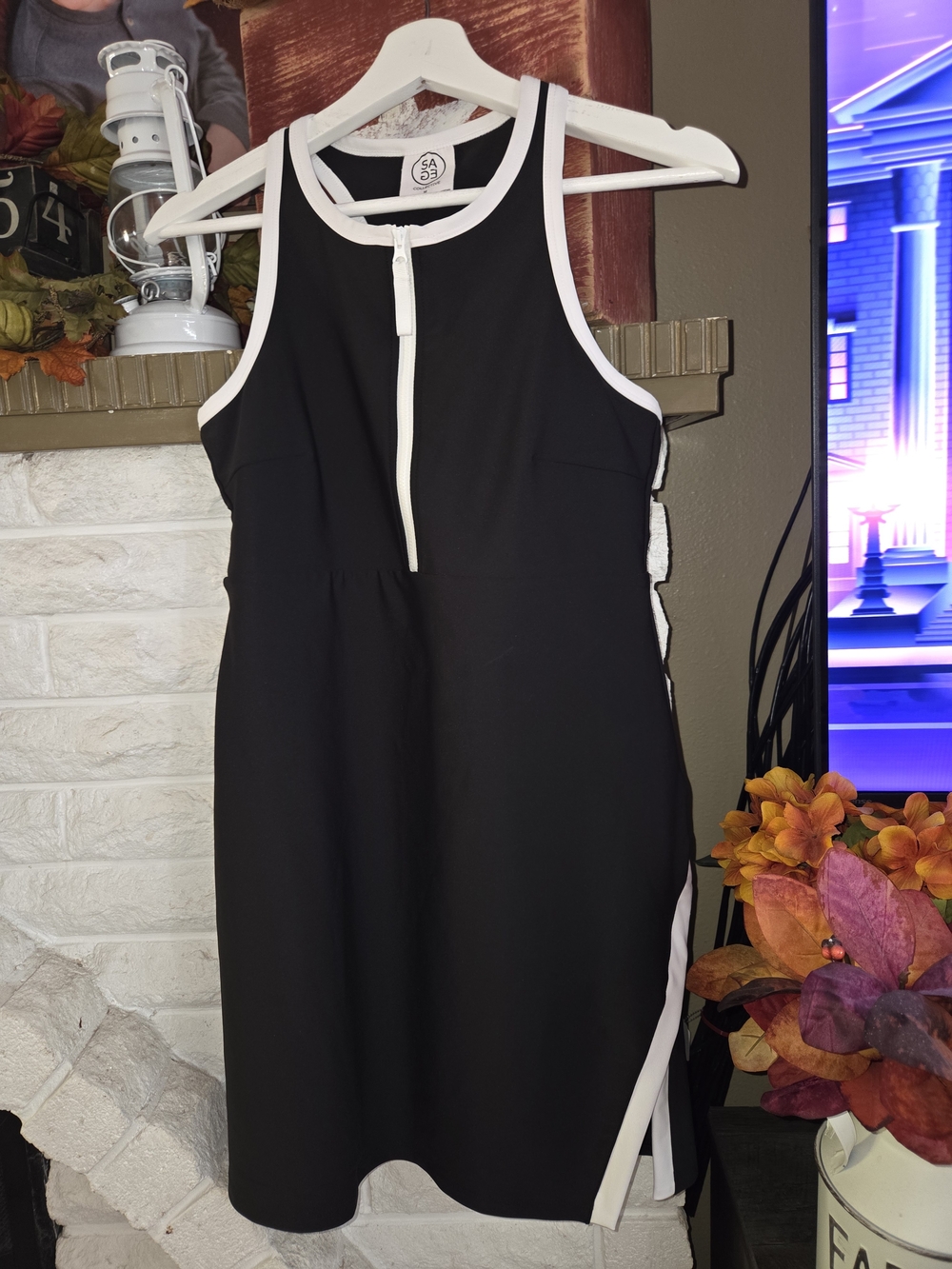 Sage Black Mini Dress with White Trim and Front Zip